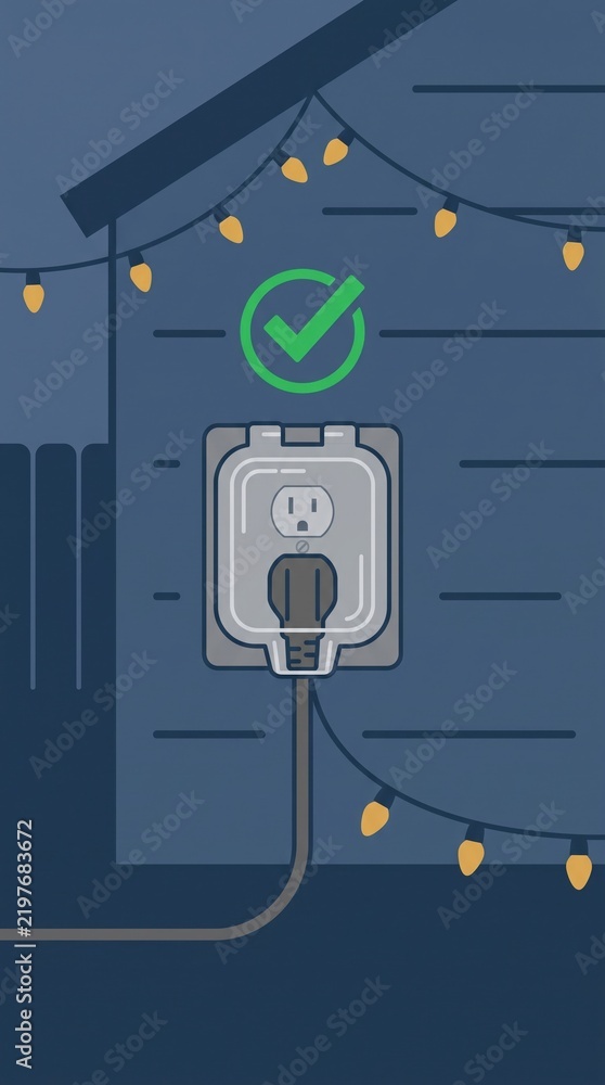 Obraz premium Outdoor electrical outlet with plugged in holiday string lights and green checkmark symbol indicating a safe and correct connection for festive exterior lighting on a house wall at night.