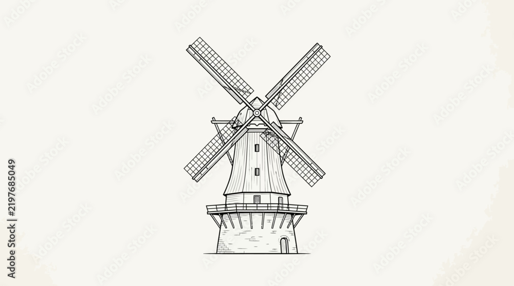 Fototapeta premium Traditional Dutch windmill architectural line art.