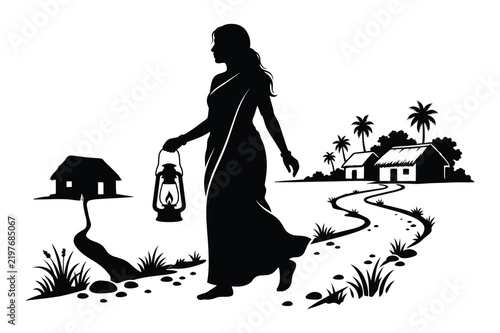 Woman walking on rural path carrying lantern near houses with lifestyle