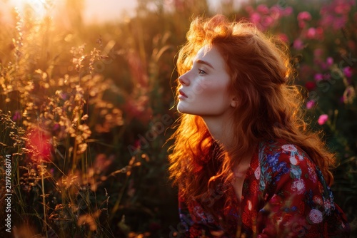Redheaded Woman Enjoying the Golden Hour in a Floral Field