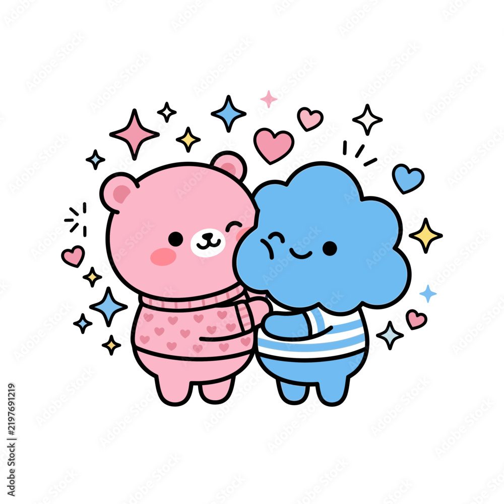 Fototapeta premium Cute cartoon bear and cloud hugging with sparkles
