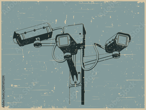 CCTV security outdoor camera system on pole vintage poster