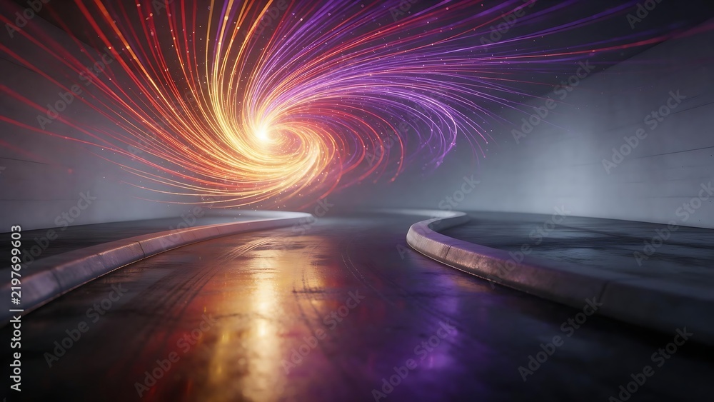 Fototapeta premium Futuristic light trail vortex in dark concrete room, glowing neon energy spiral, abstract high speed motion background for technology and gaming