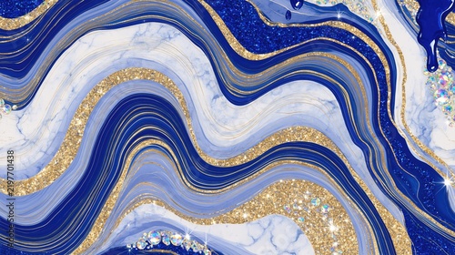 Growth in elegant navy blue and gold abstract marble waves with shimmering glitter and iridescent gems luxury background