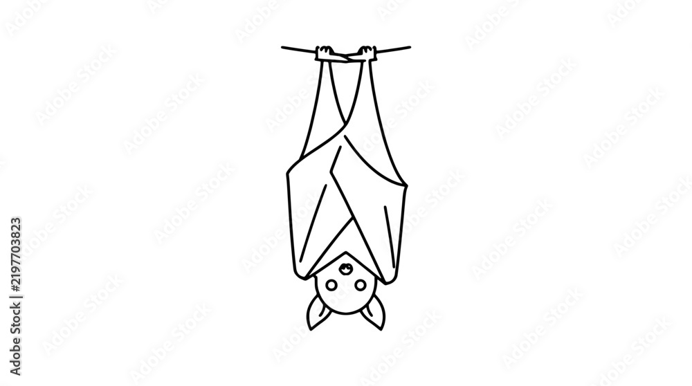 Fototapeta premium Hanging bat with folded wings vector icon, cute cartoon bat illustration, hand-drawn style wildlife animal silhouette, black and white line art, simple graphic design element