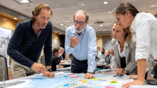 Strategic Collaboration: A diverse group of professionals intensely discusses a large map or plan spread across a conference table, showcasing focused teamwork and strategic planning.