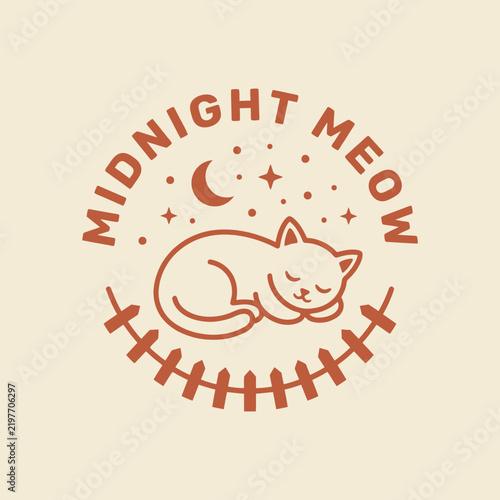 Midnight Meow Sleeping Cat Moon Stars Crescent Illustration Design.