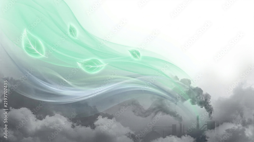 Fototapeta premium Ecological Concept of Fresh Green Air Breeze Purifying Industrial Factory Smoke and Air Pollution