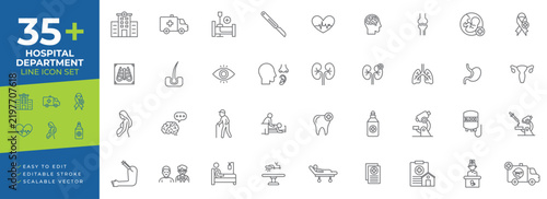 Hospital department icon set featuring ambulances, surgical tools, heart rhythms, brain scans, joint anatomy, oncology ribbons, X-rays, dentistry, laboratories, and nursing services.