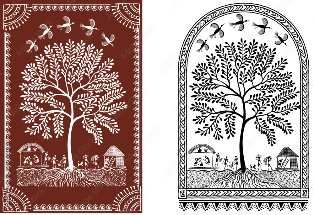 Obraz premium Hand drawn Warli tribal vector illustration featuring a tree of life, birds, village houses and people within decorative frames, shown in terracotta and black and white versions