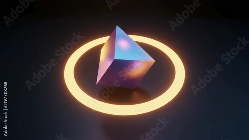 Geometric shape rotates within glowing circle on dark background