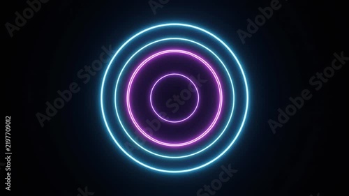 Abstract glowing neon circles with blue and purple light beams in a dark futuristic background