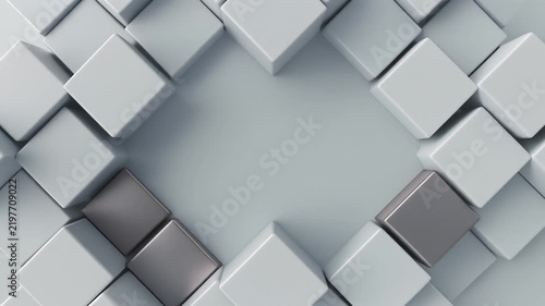 Abstract 3D background with white and metallic grey cubes forming a geometric pattern with empty space