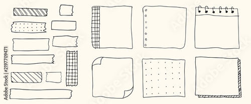 Vector of hand-drawn paper and tape doodles, including notepads and sticky notes.