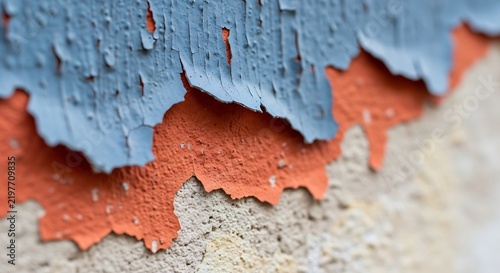 Peeling blue paint revealing orange undercoat on textured wall surface