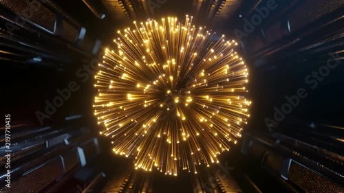 Abstract golden light explosion in a dark tunnel