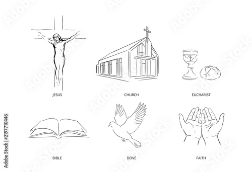 Hand-drawn line art set of Christian symbols including Jesus on the cross, a church, Eucharist, Holy Bible, a flying dove, and open hands representing faith.
