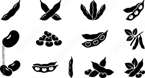 Set of four different stylized soy bean pod icons in various design styles isolated on white background
