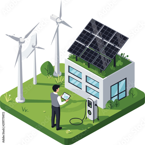 Modern eco-friendly house with solar panels and wind turbines, concept for green energy solutions, sustainable living and renewable power promotion.