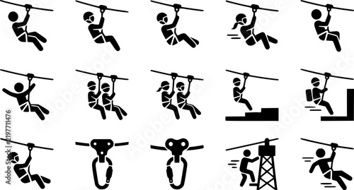 Set of  line and flat icons depicting people riding ziplines
