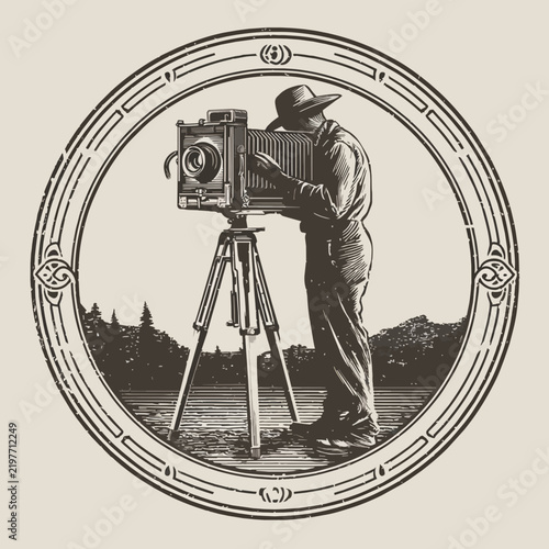 Vintage photographer with large format camera on tripod in scenic landscape, circular frame, concept for historical photography, nature exploration and artistic expression.