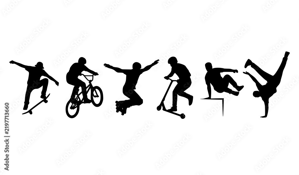 Obraz premium Urban Extreme Sports Athlete Silhouette Collection with Skateboarding BMX Parkour and Breakdance