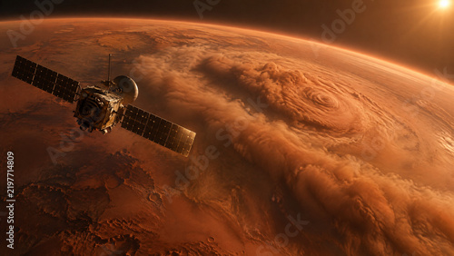 Planetary Orbiter Spacecraft Tracking Massive Dust Storm on Red Planet Mars, Satellite Monitoring Swirling Sand Vortex and Atmosphere in Space
