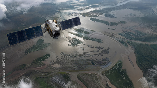 Observation Satellite Mapping Flooded Muddy Rivers and Wetlands, Environmental Monitoring Spacecraft Tracking Global Climate Change from Orbit
