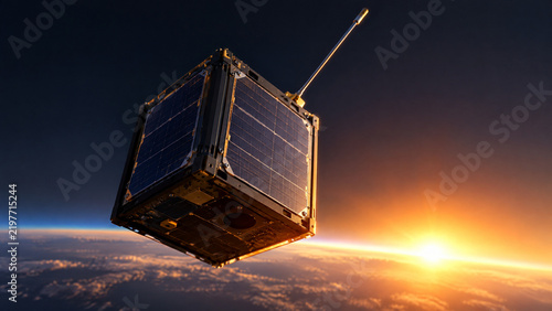 Miniature CubeSat Satellite Orbiting Earth During Golden Sunrise, Small Cubical Communications Spacecraft with Antenna Facing Bright Morning Horizon
