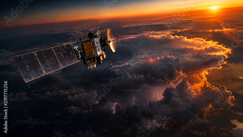 Weather Satellite Tracking Large Thunderstorm and Lightning Bolts at Sunset, Spacecraft Monitoring Dark Purple Storm Clouds and Vibrant Dusk Sky
