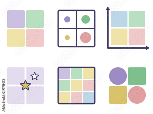 Matrix quadrant and grid diagram elements set in pastel colors