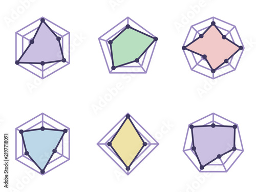 Radar and spider web chart infographic elements set in pastel colors