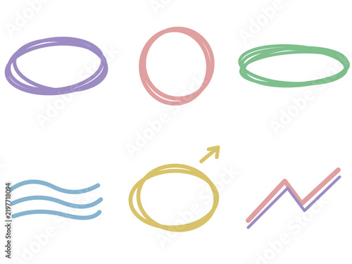 Hand drawn circle scribble and highlight marks set in pastel colors