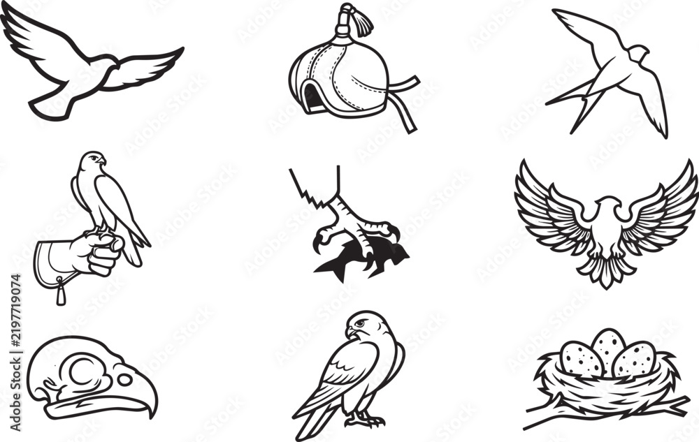 Fototapeta premium Falconry and bird of prey icons including a bird in flight, falcon hood, bird on a gloved hand, talon with fish, and nest with eggs in line