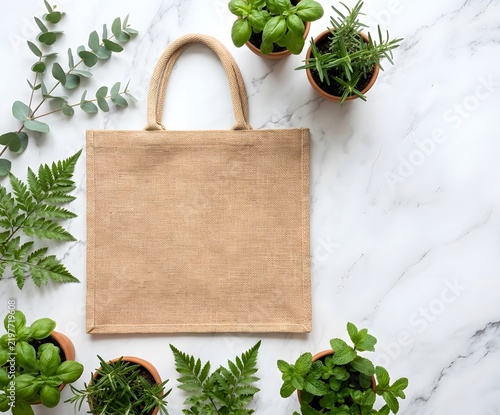 Natural jute tote bag with potted herbs and green leaves on marble background for minimalist lifestyle mockup