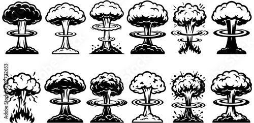 Set of black and white nuclear explosion mushroom cloud icons with atomic blast nuclear weapon military symbols bomb blast vector graphic icon set mushroom shape