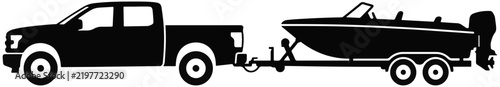 Side profile black silhouette of a pickup truck towing a motorboat on a trailer with towing boat vehicle silhouette boat transport recreational vehicle boat owner