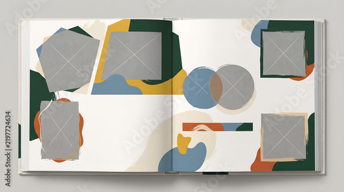 Open photo album mockup with abstract colorful shapes and empty picture frames.
