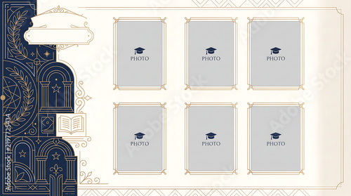 Elegant graduation photo album template with decorative vintage border and six picture frames.