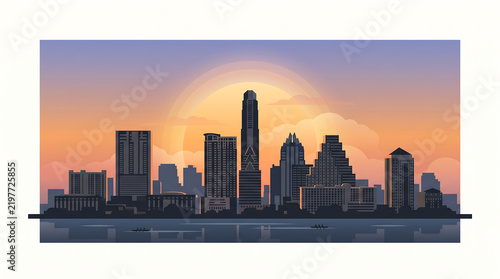 Stylized vector illustration of a city skyline at sunset with warm orange and purple colors.