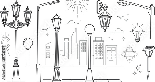Street lights lampposts and urban illumination vector line icon set featuring city landscape solar light and classic lantern designs