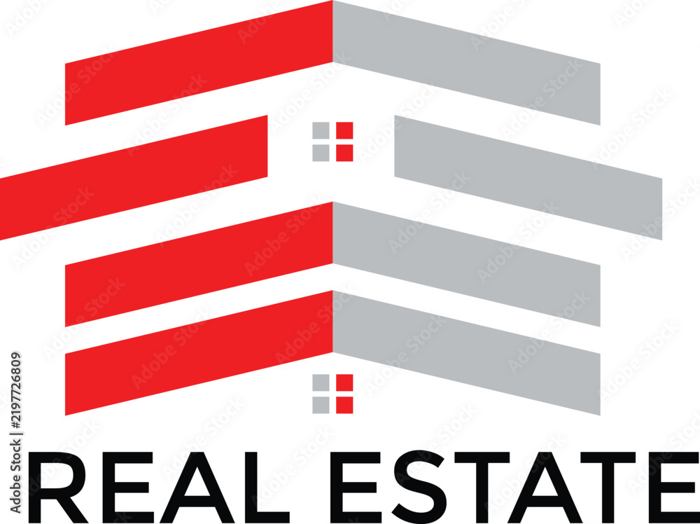 Obraz premium Abstract real estate house logo design featuring bold red and grey geometric shapes organized in a professional architectural layout presented as a flat vector on transparent background.