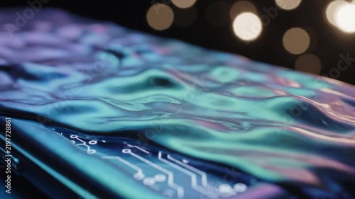 Liquid Flowing Over Futuristic Circuit Board Abstract Tech Background