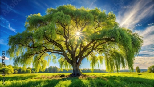 Low angle shot of a black willow tree in a field under the sunlight