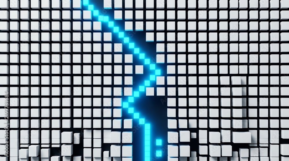 Fototapeta premium Dynamic digital landscape with a glowing blue energy path traversing a complex 3D pixel grid, representing data flow and innovation