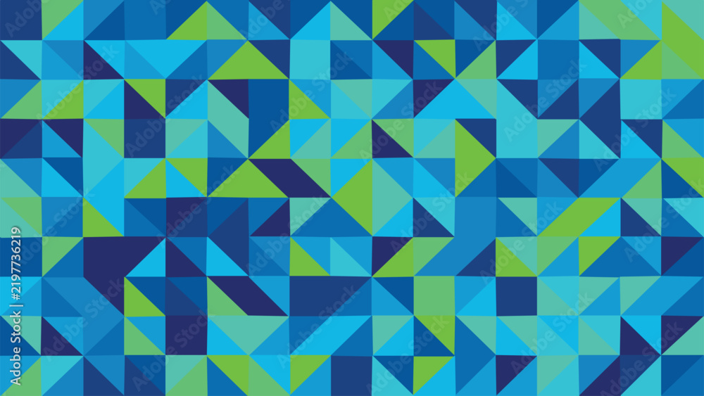 Fototapeta premium Geometric mosaic background with blue and green triangles, abstract low poly pattern vector, modern tech wallpaper for digital marketing