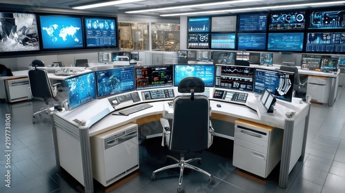 Control Room Hub: A sophisticated control room filled with multiple monitors displaying data, world maps, and complex interfaces. The room is equipped with advanced technology and workstations.