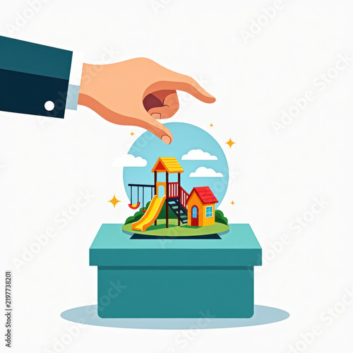 A graphic design illustration of a hand dropping a voting ballot or pressing a vote button, with a colorful children's playground icon emerging or being selected. The playground icon features a slide