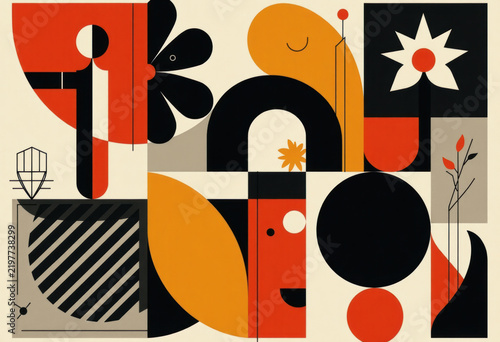 Brutalist abstract geometric shapes and grids. Brutal contemporary figure star oval spiral flower and other primitive elements. Swiss design aesthetic. Bauhaus memphis design.