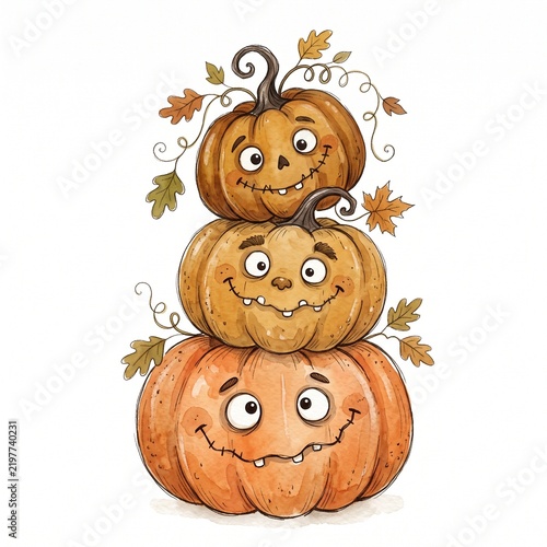 A whimsical stack of three orange pumpkins with hand drawn carved faces and autumn leaves on a clean white background with illustration